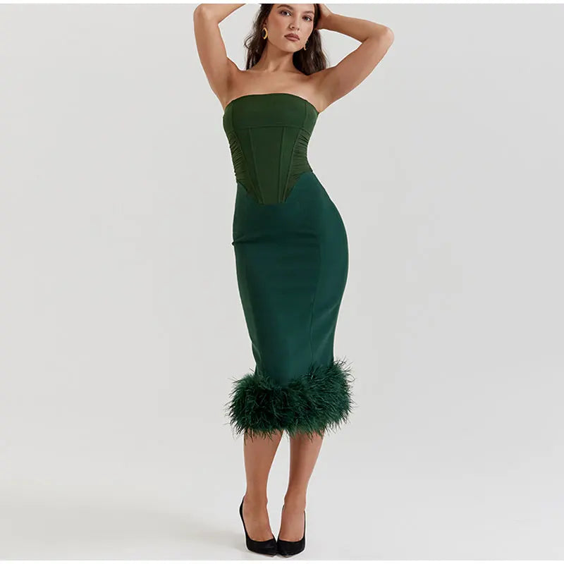 Corset Tube Fur Trim Bodycon Midi Dress