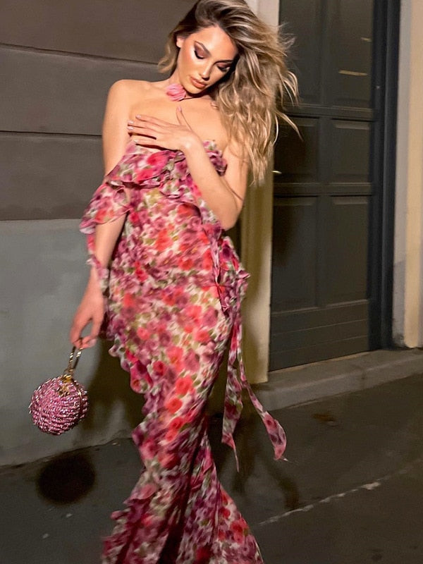 Pink Floral Print Ruffles Slip Maxi Dress