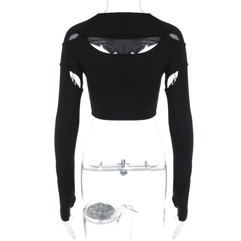 Black Long Sleeve Hollow Out Crop Top