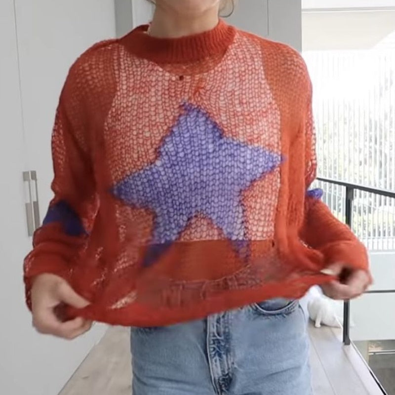 Knit Mesh Star Pattern Sweater