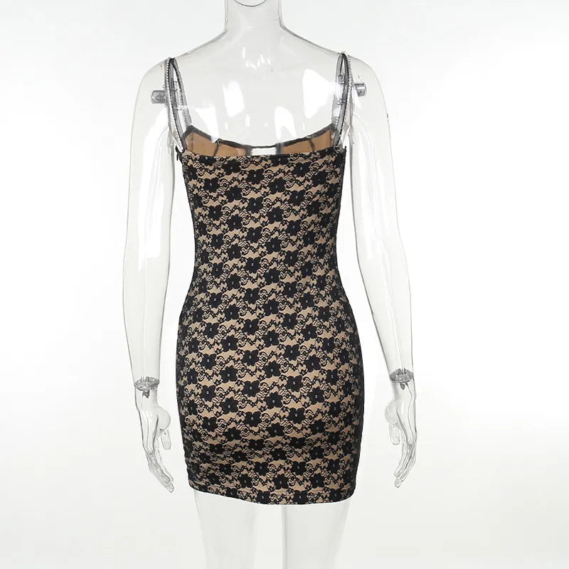 Black Lace Rhinestone Strap Bodycon Mini Dress