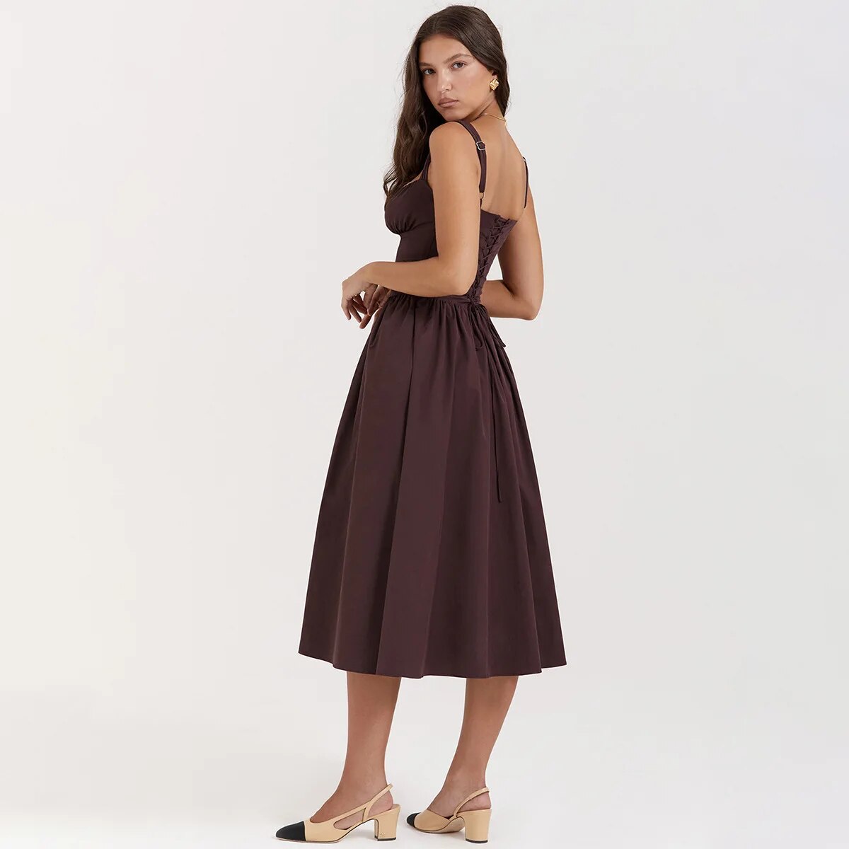 Brown Buttoned Strap Midi Dress