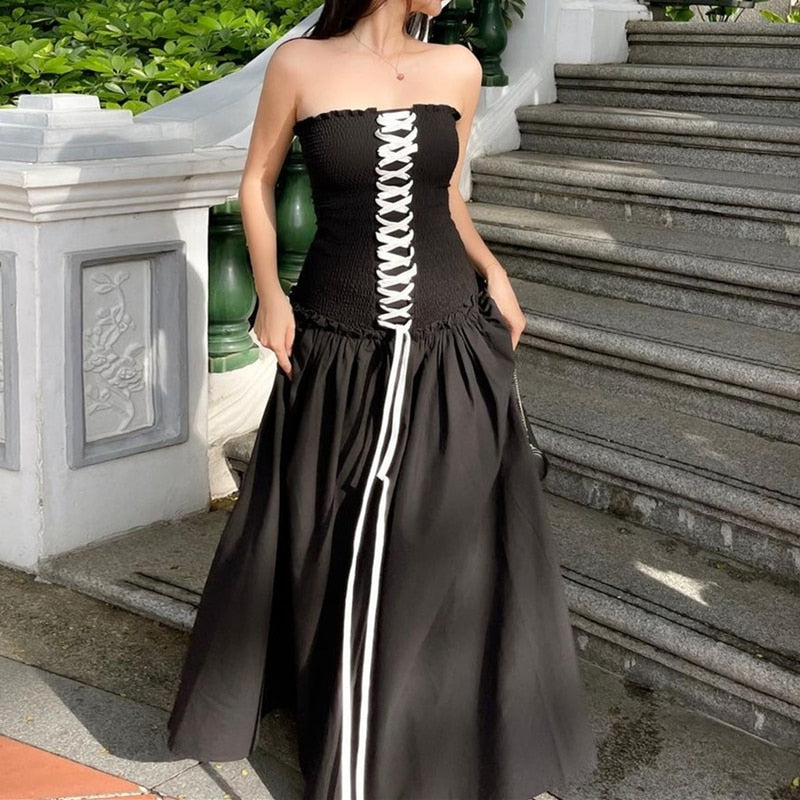 Black Tube Ruched Lace Up Maxi Dress