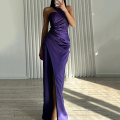 One Shoulder Sleeveless Pleated Slit Maxi Dress