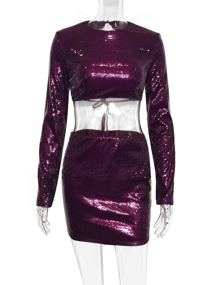 Purple Sequin Backless Crop Top And Mini Skirt Set