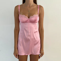 Pink Satin Lace Trim Cupped Slip Mini Dress