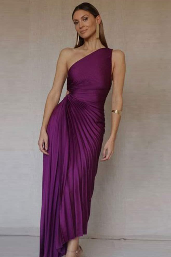 One Shoulder Sleeveless Pleated Irregular Maxi Dresses