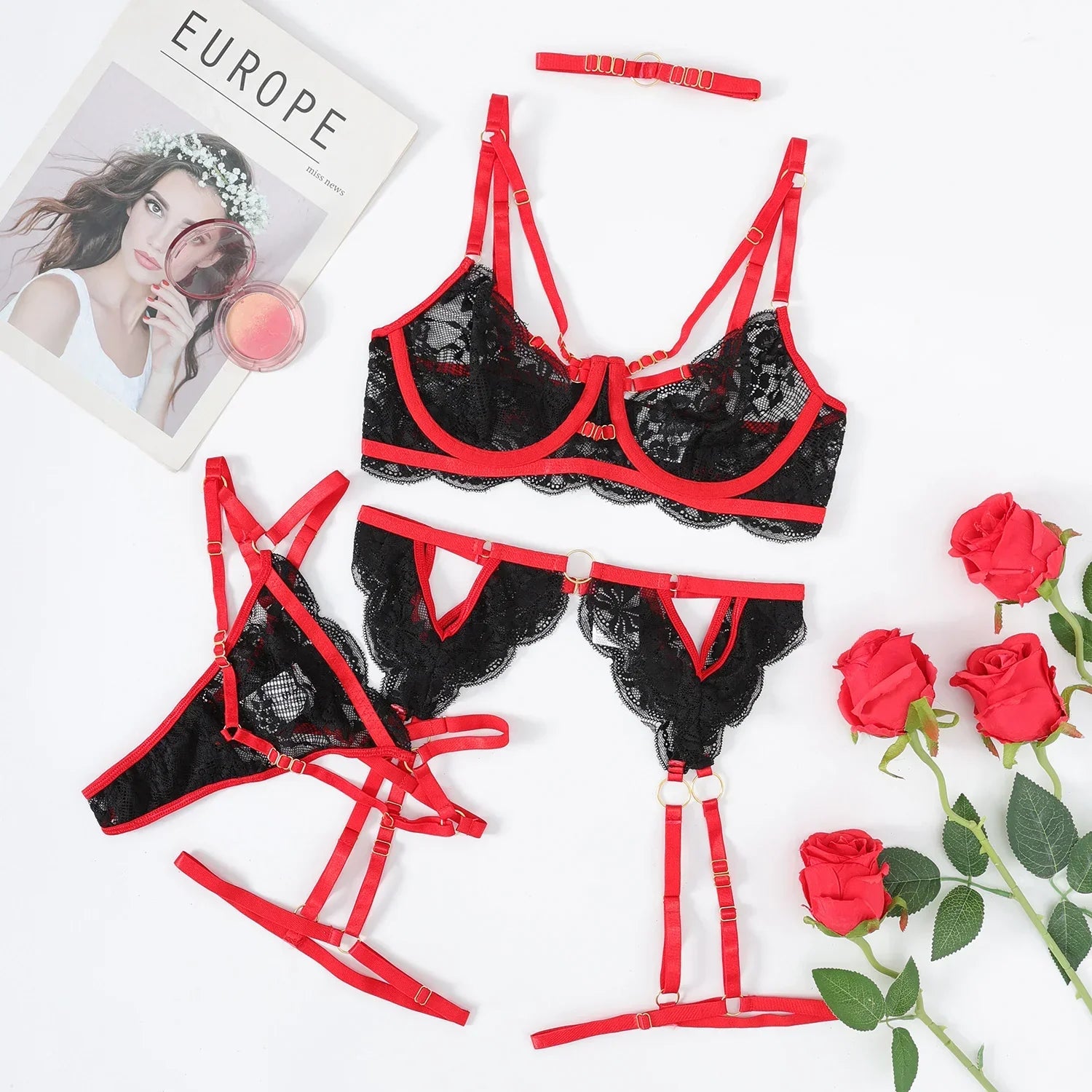 Black Lace Red Strap Contrast Lingerie Set