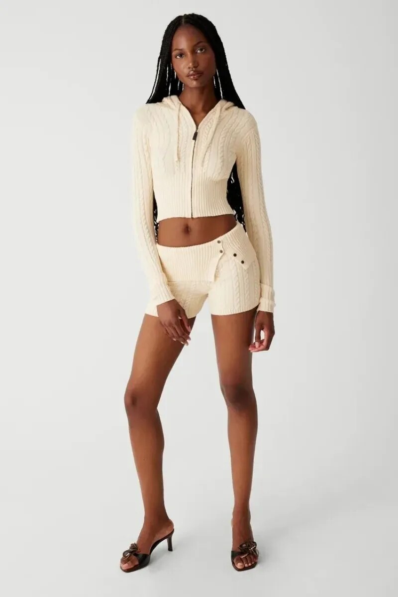 Knitted Zipper Hoddie Top And High Waist Short Set