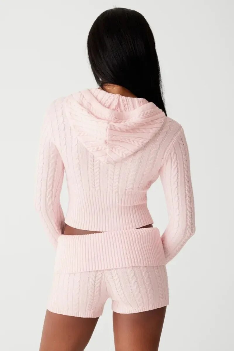 Knitted Zipper Hoddie Top And High Waist Short Set