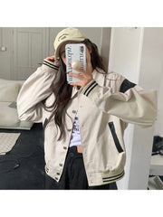 Beige Buttoned Black Patchwork Bomber Jacket