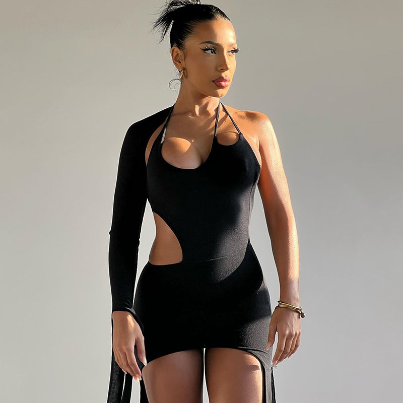 Asymmetric Long String One Shoulder Black Bodycon Mini Dress