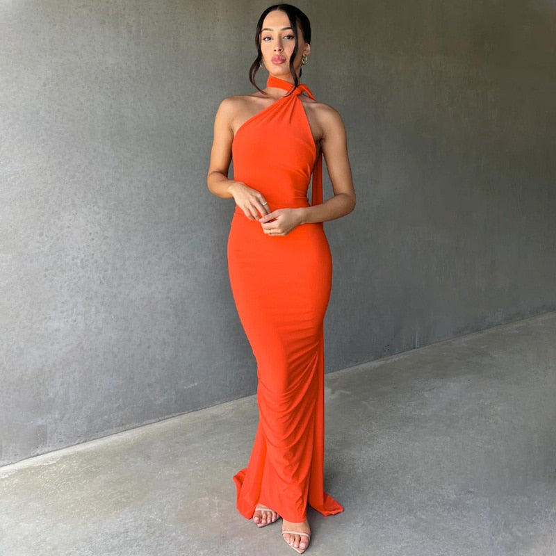 One Shoulder Back Tie Sleeveless Maxi Dresses