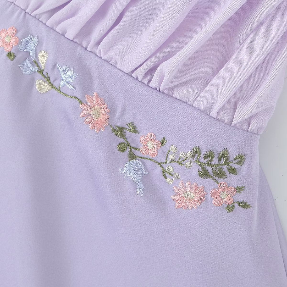 Purple Back Tie-Up Floral Embroidery Mini Dress