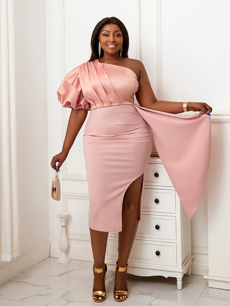 One Shoulder Sleeve Ruffle Folds Bodycon Midi Dress