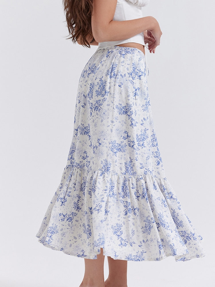 Blue Floral Print Midi Skirt