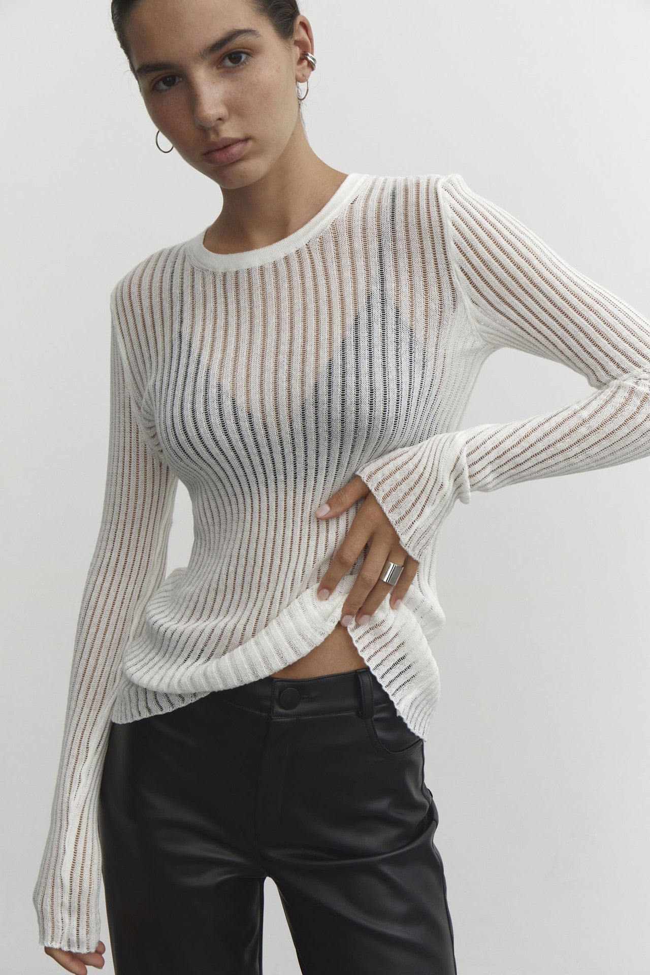 Striped See-Through Long Sleeve Top