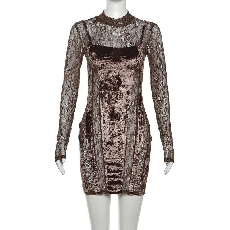 Brown Velvet Patchwork Lace Long Sleeve Bodycon Mini Dress