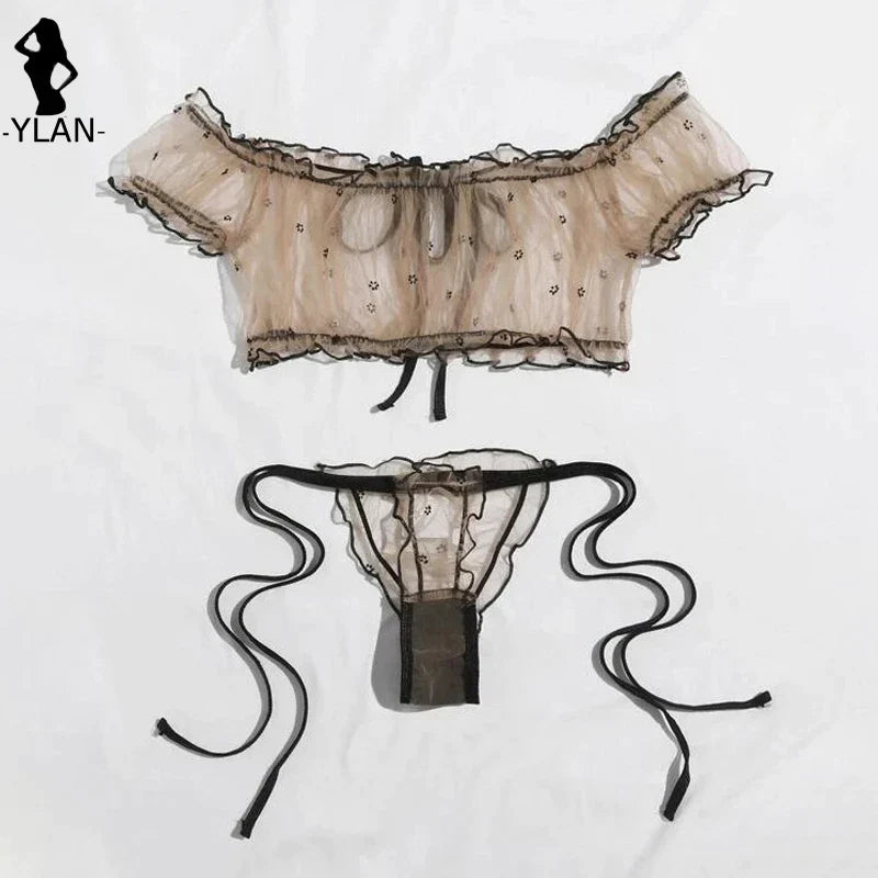 Brown Mesh Off-Shoulder Tie-Up Lingerie Set