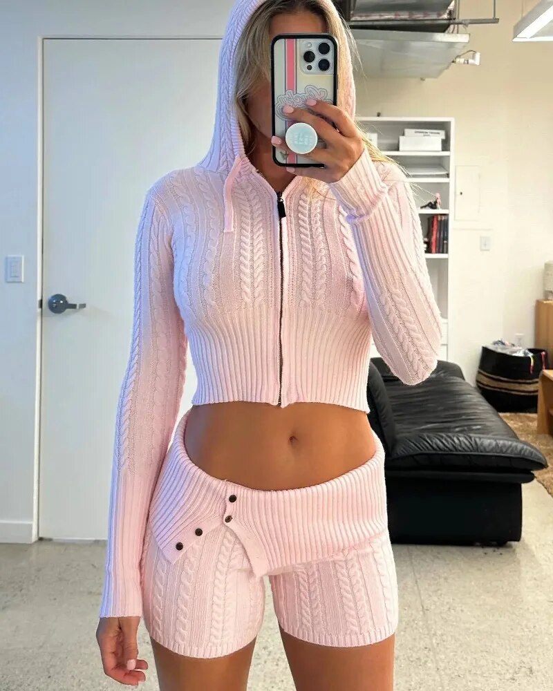 Knitted Zipper Hoddie Top And High Waist Short Set