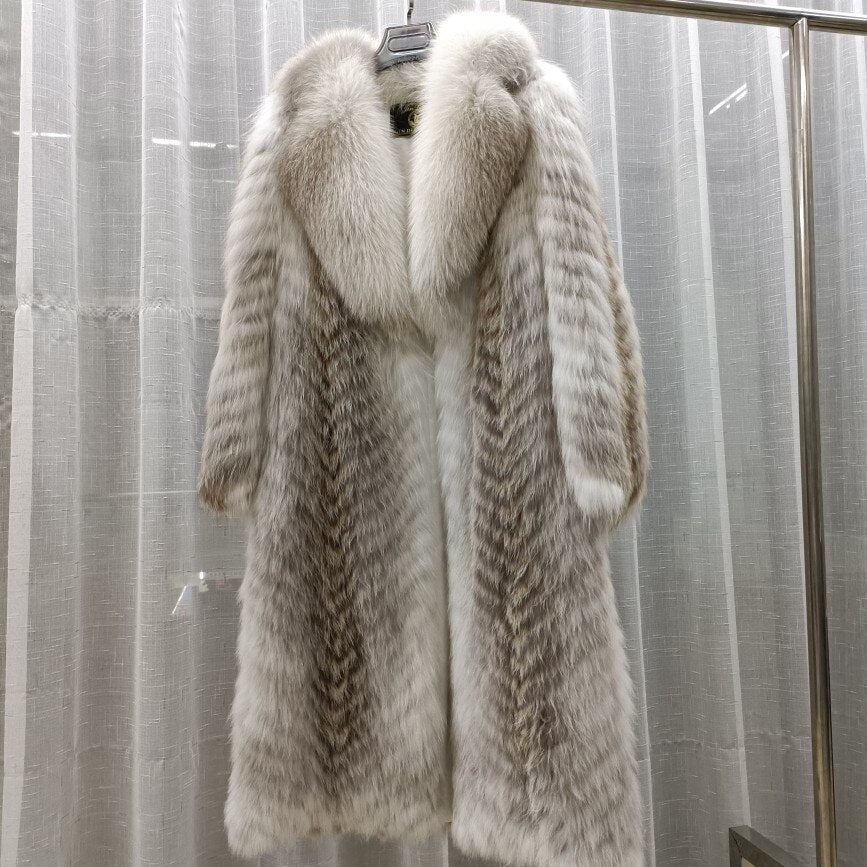 Thin Striped Color Pattern Real Fox Fur Coats  X-Long