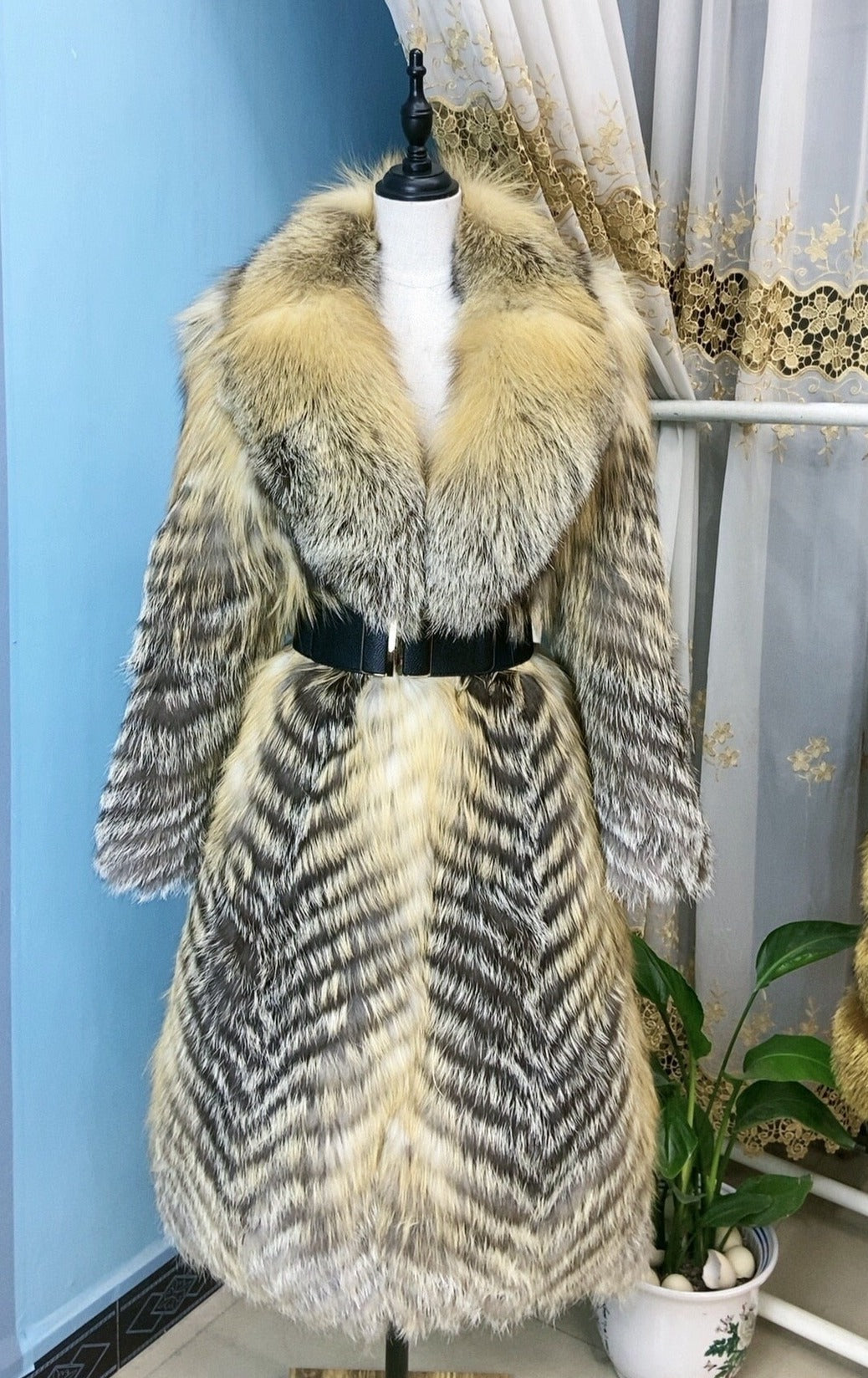 Luxury Striped Real Fur Coats X-Long