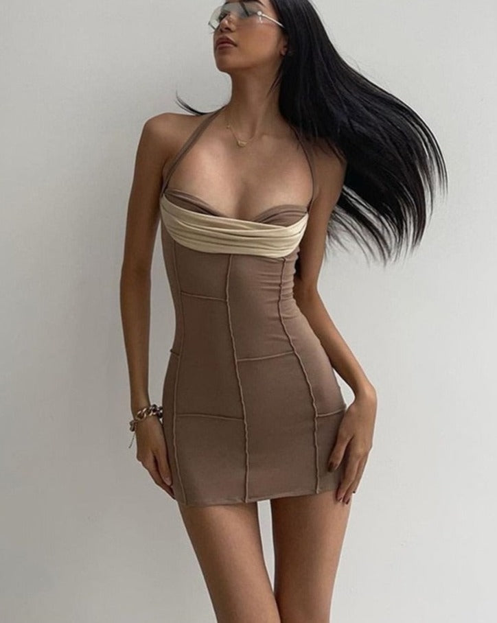 Brown Halter Bodycon Short Dress