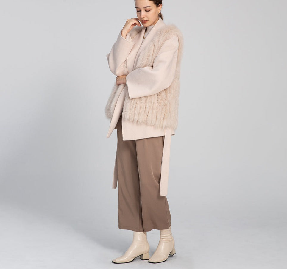 3 Styles In One Cashmere Wool Coats with Detachable Real Fur Vest