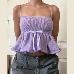 Purple Knitted Cami Lace Bow Crop Top