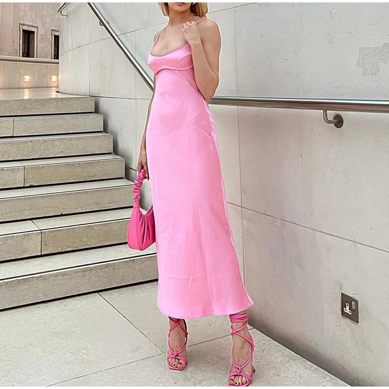 Satin Sleeveless Backless Slit Midi Dress