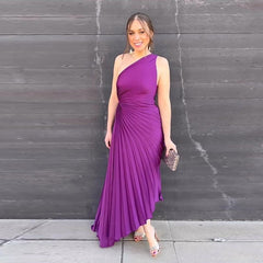 One Shoulder Sleeveless Pleated Irregular Maxi Dresses