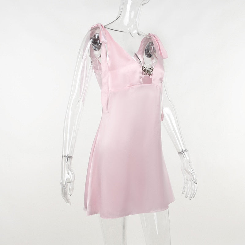 Satin Butterfly Charm Tie-Up Mini Dress