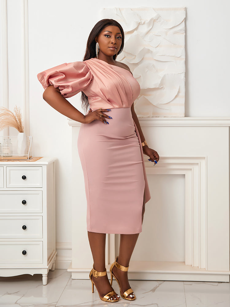 One Shoulder Sleeve Ruffle Folds Bodycon Midi Dress