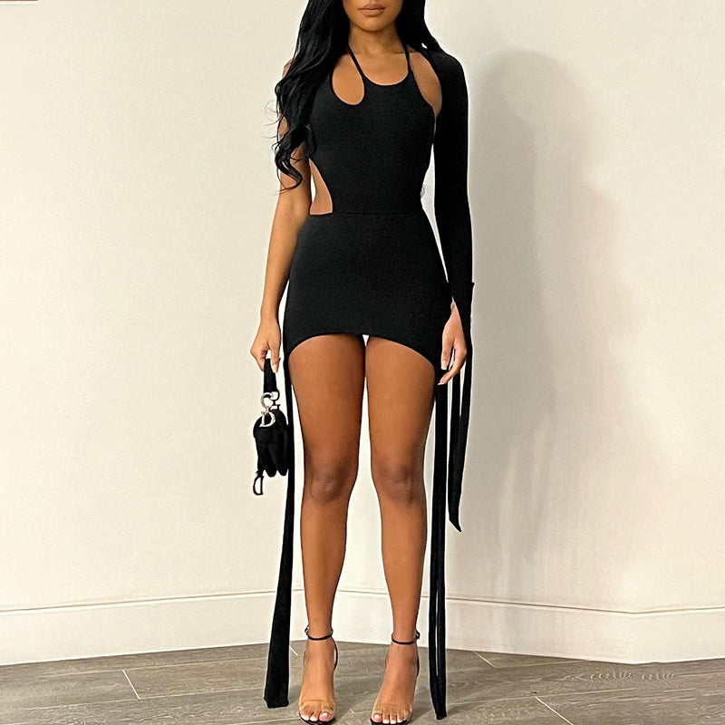 Asymmetric Long String One Shoulder Black Bodycon Mini Dress