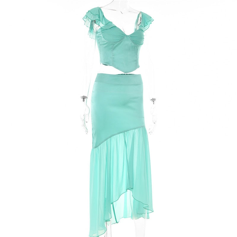 Mint Off-shoulder Cupped Top And Mesh Midi Skirt Set