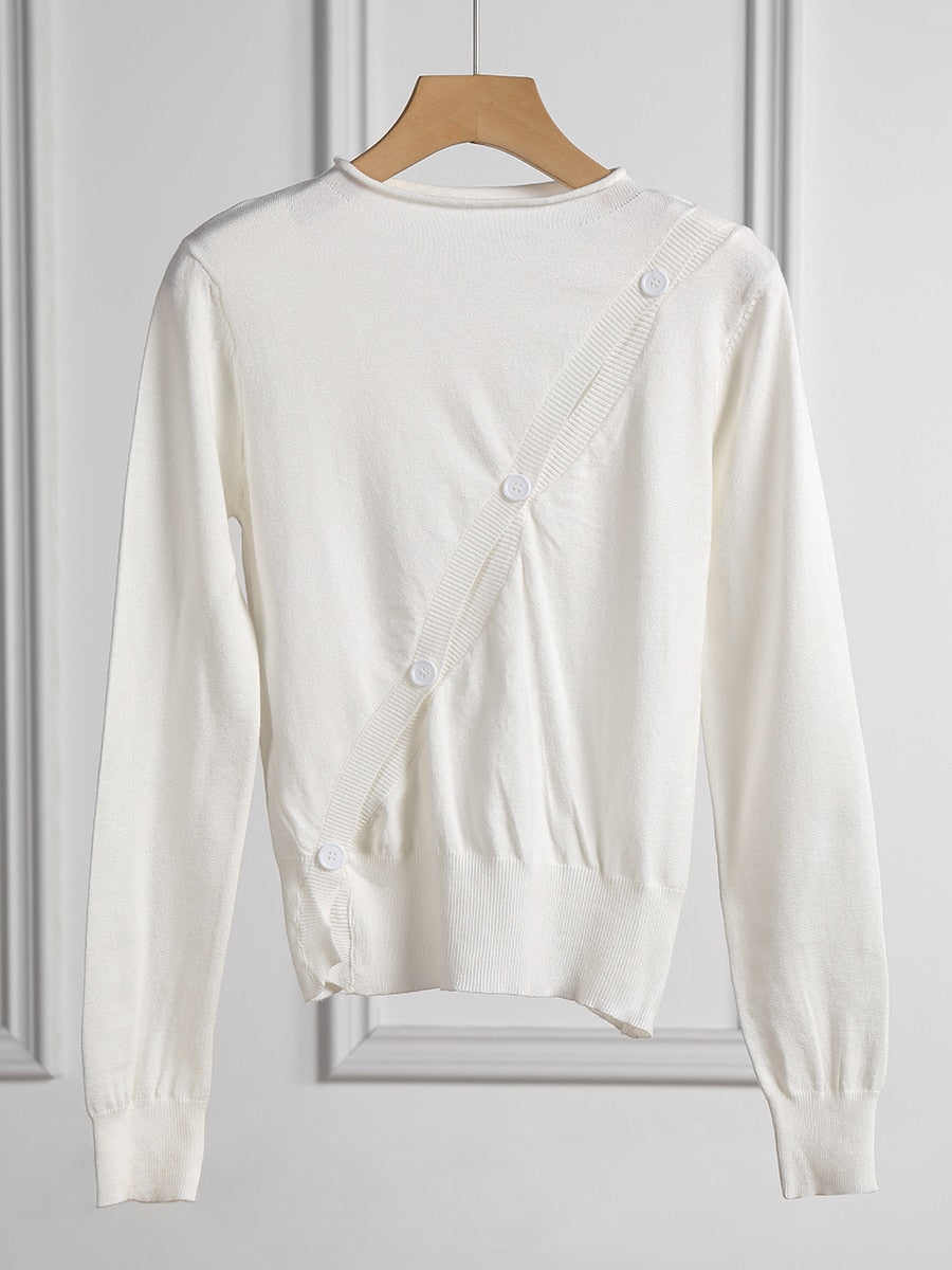 Buttoned Asymmetric Knit Long Sleeve Top