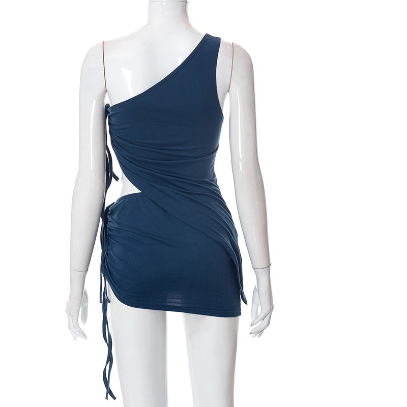 One Shoulder Drawstring Blue Skirt And Top Set