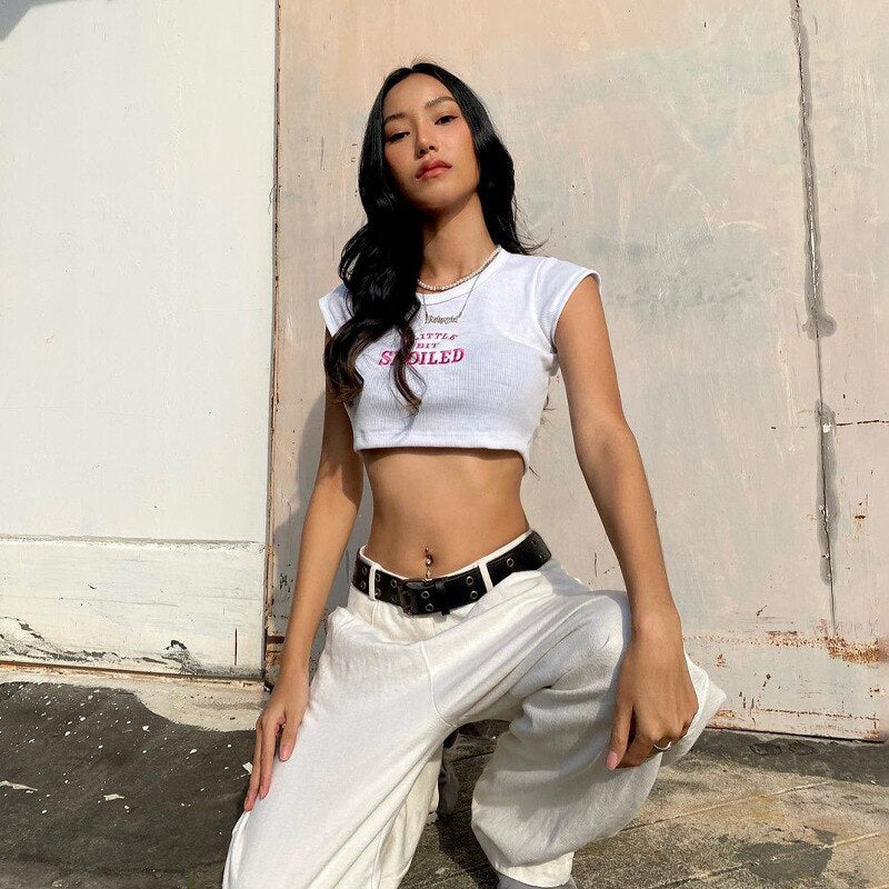 A Little Bit Spoiled White Graphic Crop Top