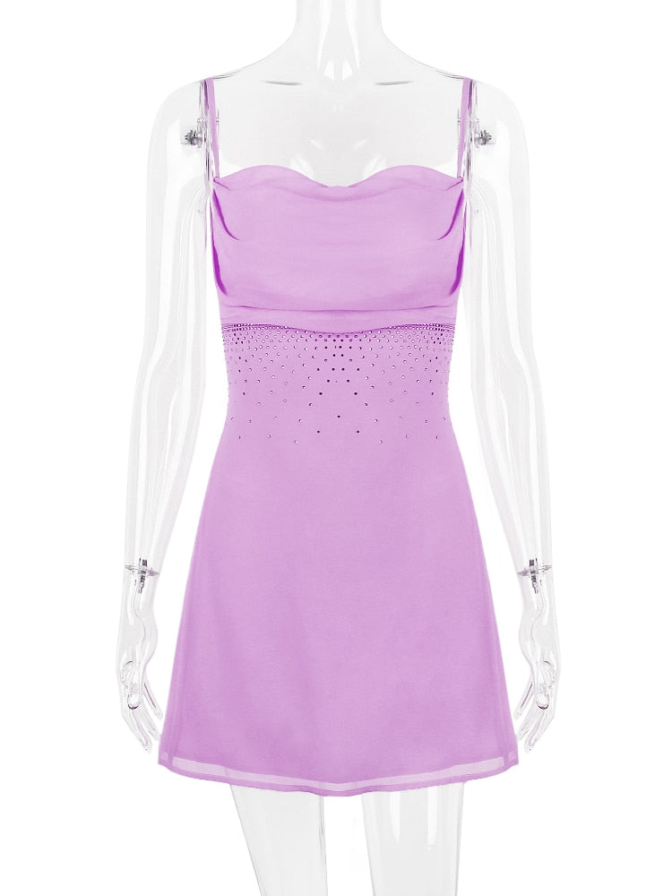 Purple Cowl Neck Strappy Backless Rhinestone Mini Dress