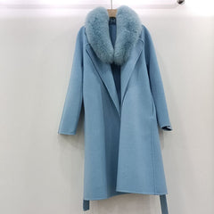 Loose Wool Coat Real Fur Collar Over Sized With Belt