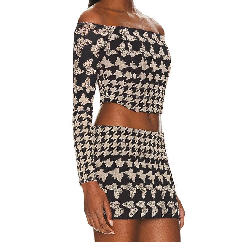 Brown Houndstooth Off-shoulder Long Sleeve Crop Top And Mini Skirt Set