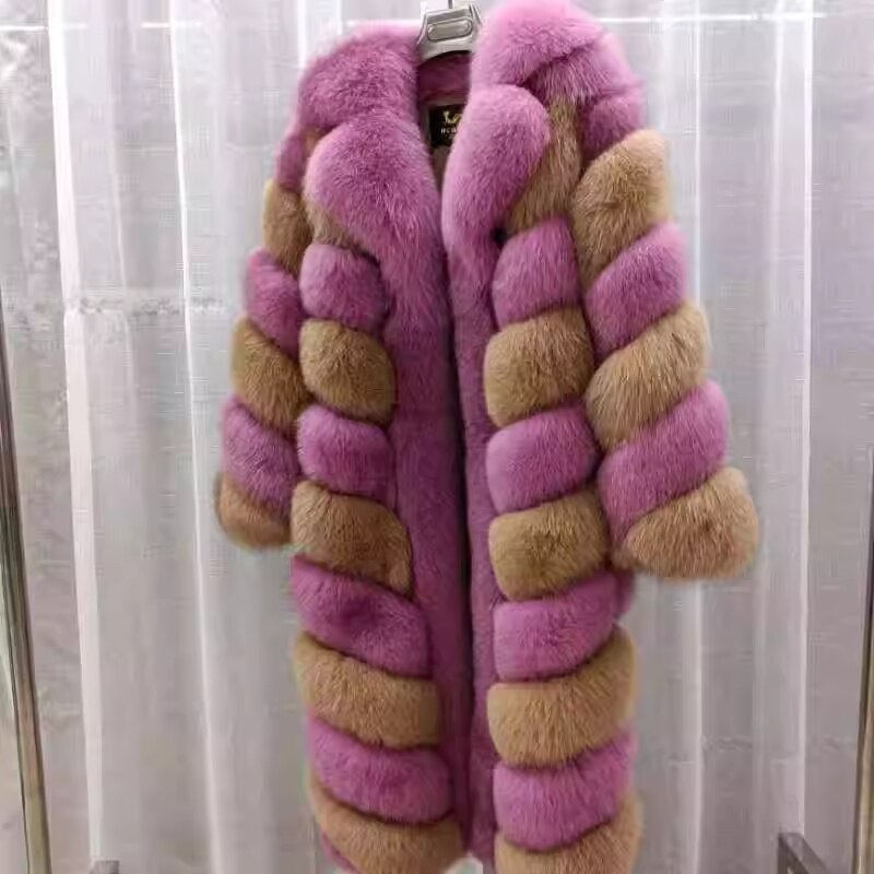 Striped Color Pattern Real Fox Fur Coats  X-Long