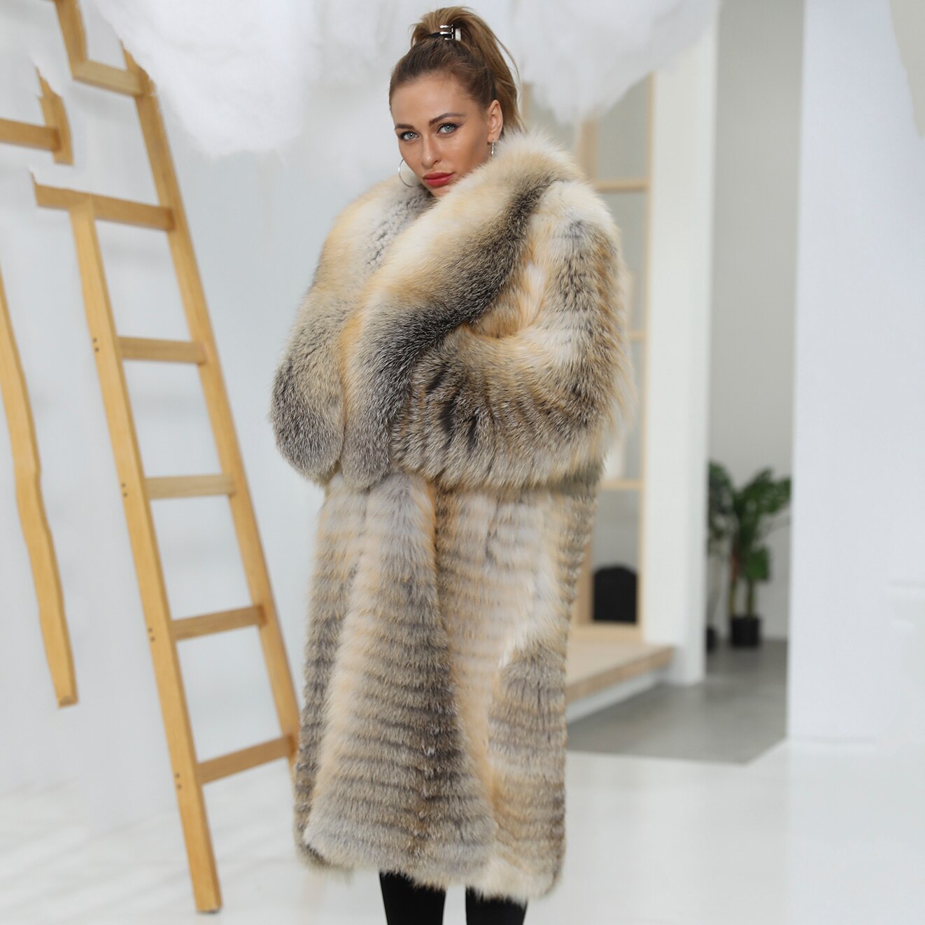 Big Fur Collar Real Fox Fur Over the Knee Coats