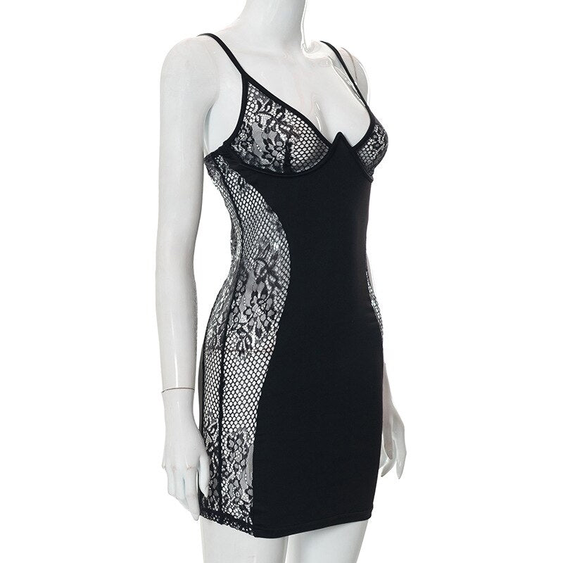 Black Lace Mini V-neck Bodycon Dress