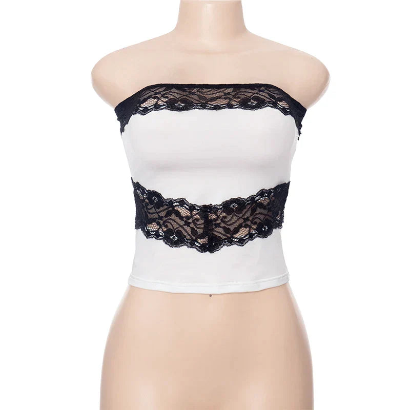 Black Lace Trim White Tube Top