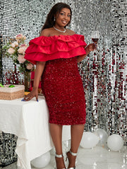 Red Off Shoulder Ruffles Sequin Dress