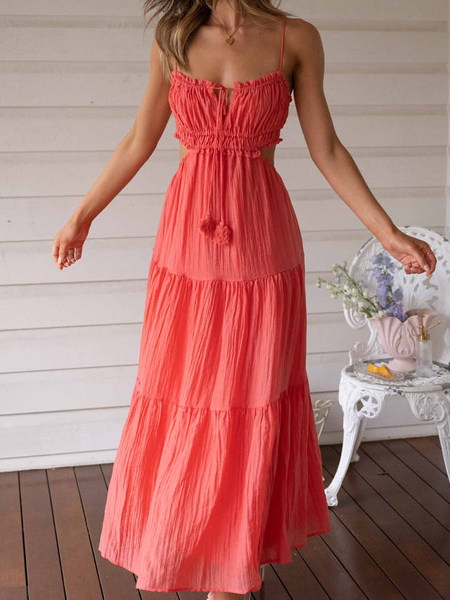 Ruched Tie-Up Strappy Maxi Dress