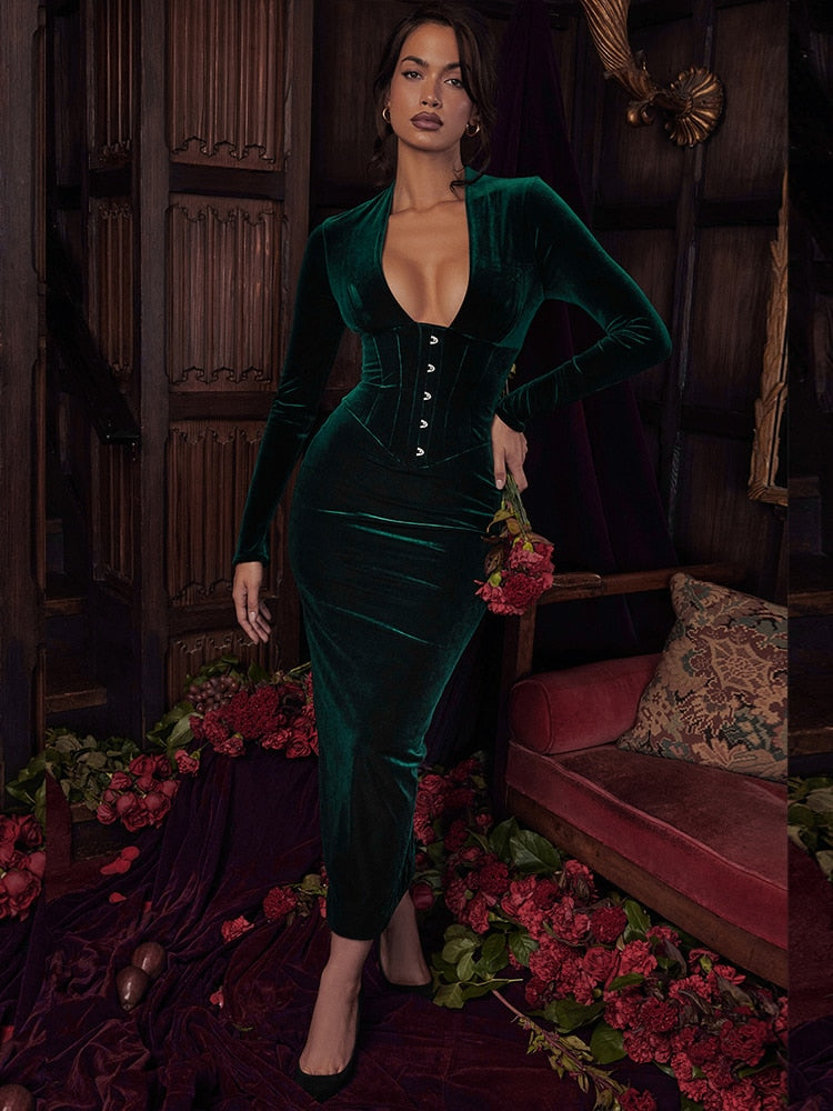 Deep Neck Velvet Long Sleeve Bodycon Midi Dress