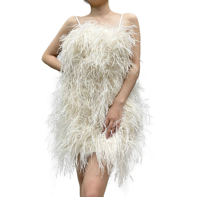 Ostrich Feather Mini Dresses With Shoulder Strap