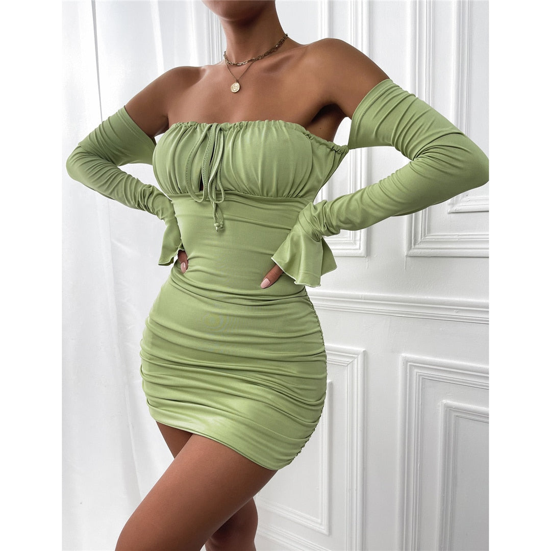 Off Shoulder Long Sleeve Hollow Chest Tie Dresses